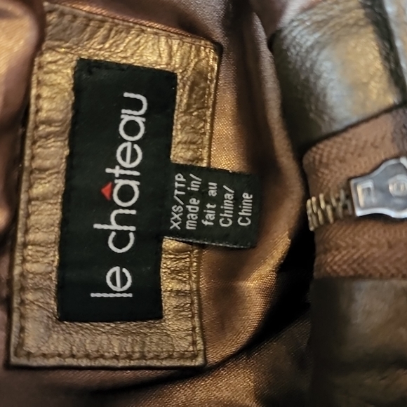 (XXS) le Chateau Metallic Bronze Moto Leather Ruched Zipper Jacket - Picture 8 of 13